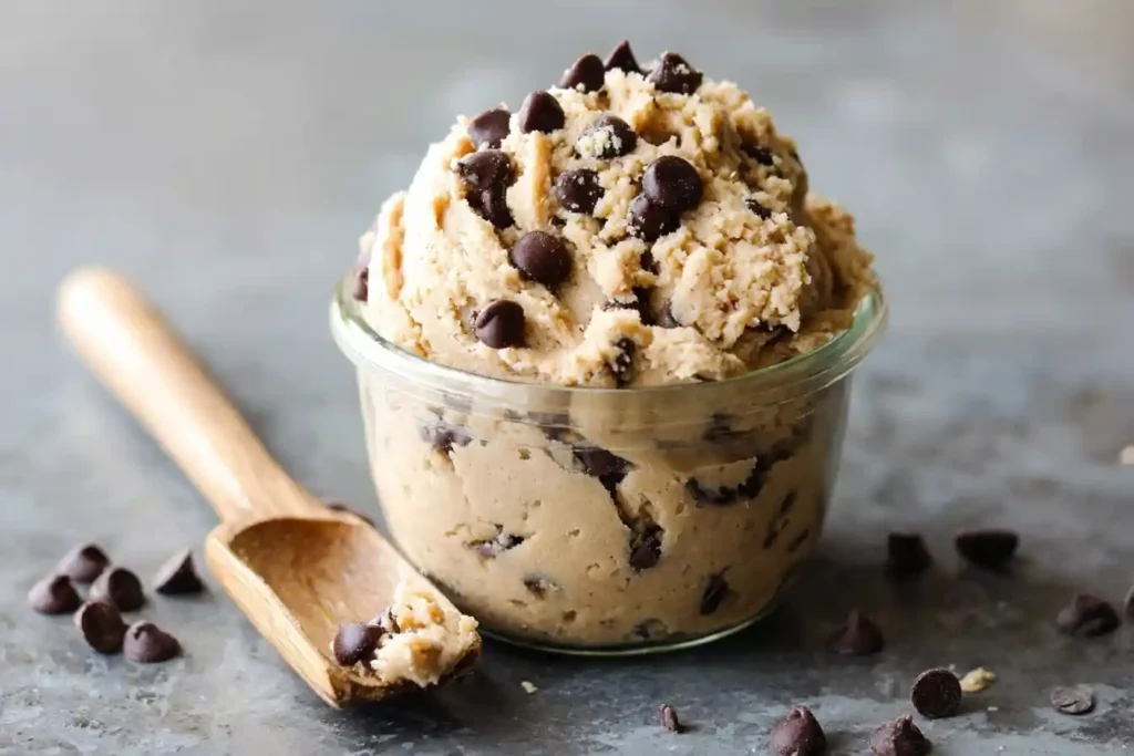 A glass bowl filled with delicious edible cookie dough, studded with chocolate chips and served with a wooden scoop.