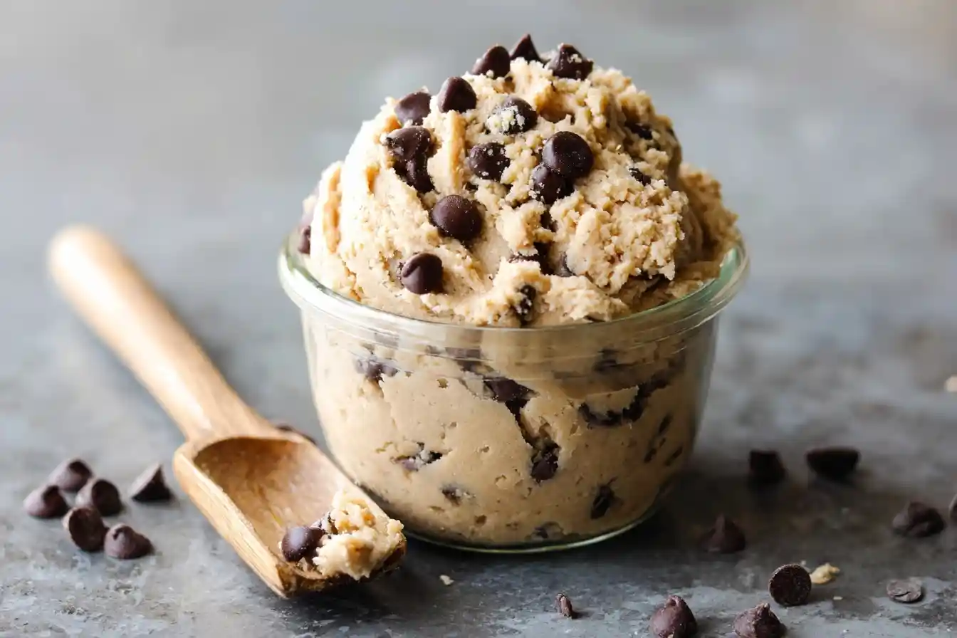 A glass bowl filled with delicious edible cookie dough, studded with chocolate chips and served with a wooden scoop.