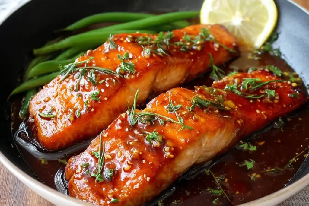 Two cooked fillets for a glazed salmon recipe, garnished with herbs and served with green beans and lemon in a dark pan.