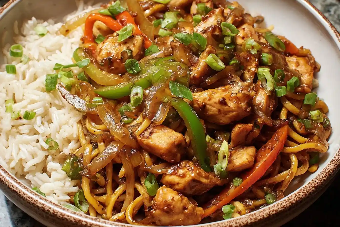 A close-up shot of a savory Chicken Chow Mein dish with noodles, chicken, and colorful peppers in a bowl next to white rice.