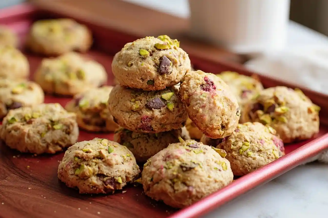 A close-up of a red tray filled with freshly baked Pistachio Cookies, with a few stacked in the center.