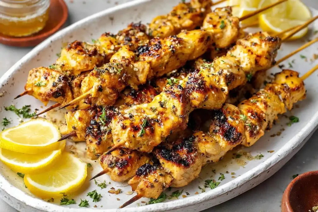 A platter of grilled honey garlic chicken skewers garnished with fresh parsley and served with slices of lemon.