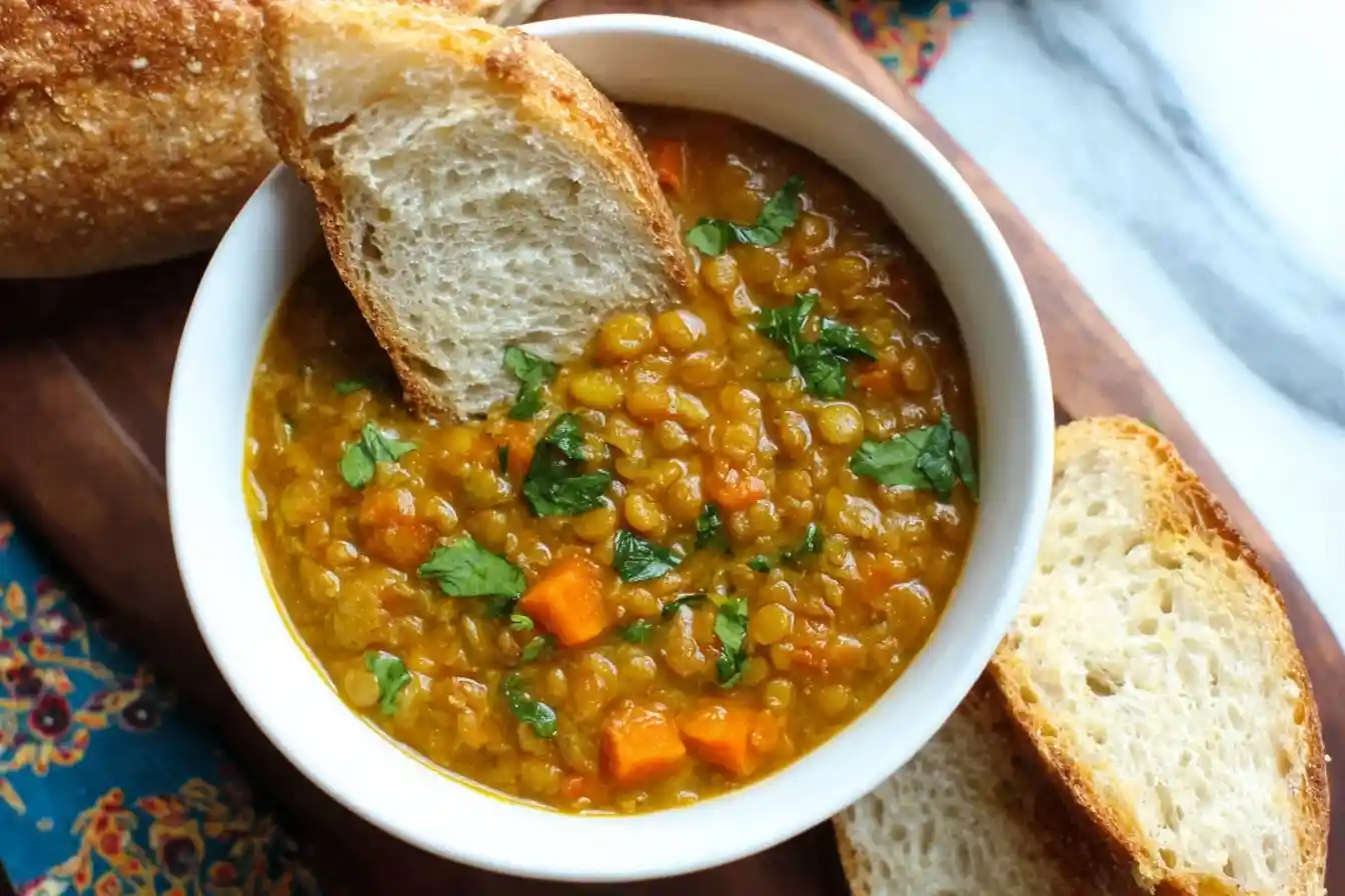 A white bowl of hearty lentil soup from a delicious recipe, with carrots and cilantro, served with crusty bread for dipping.