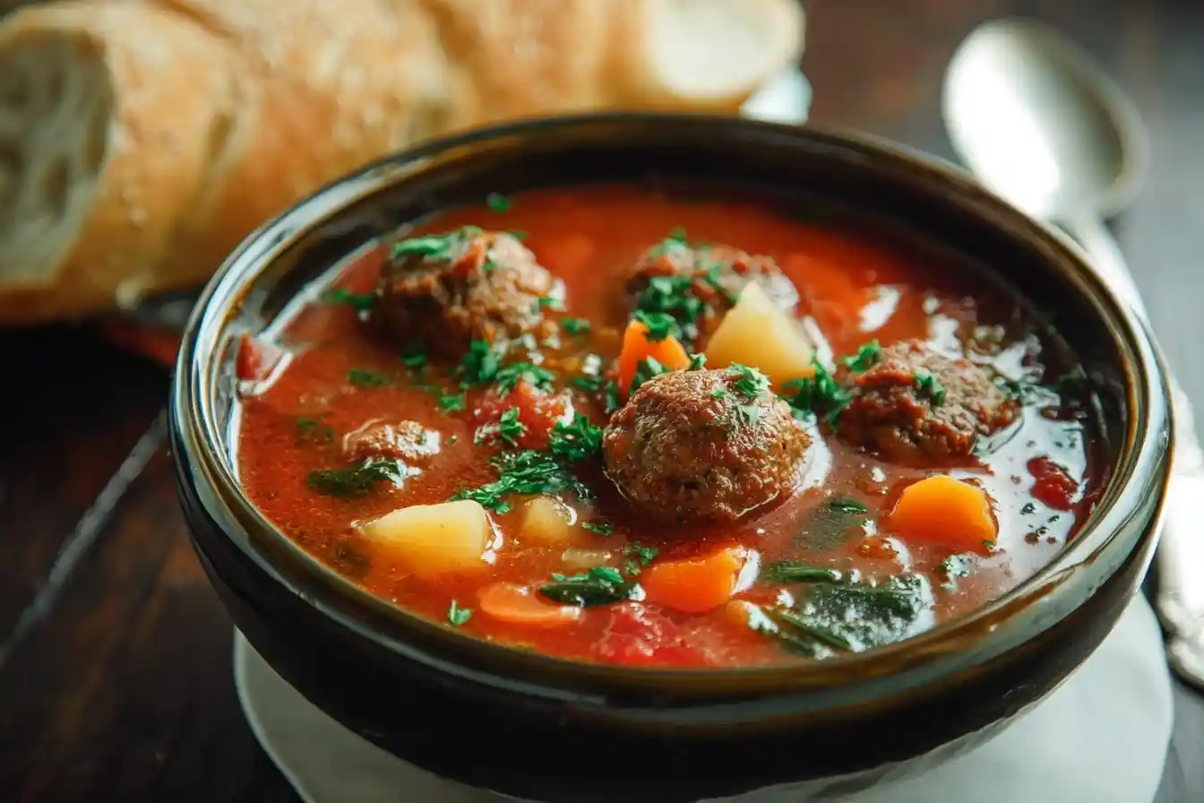 A close-up shot of a hearty Meatball Soup in a dark ceramic bowl, served with crusty bread in the background.