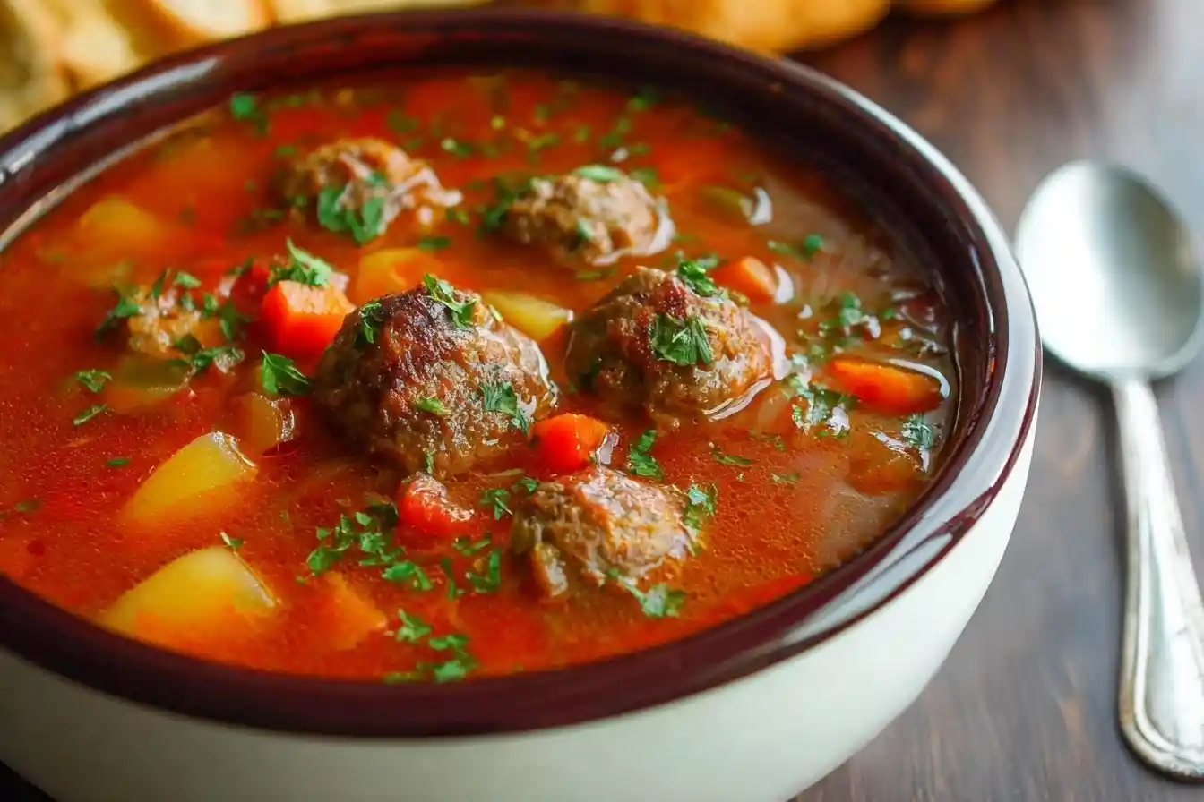 A close-up of a hearty bowl of Meatball Soup, filled with meatballs, potatoes, carrots, and garnished with fresh parsley.