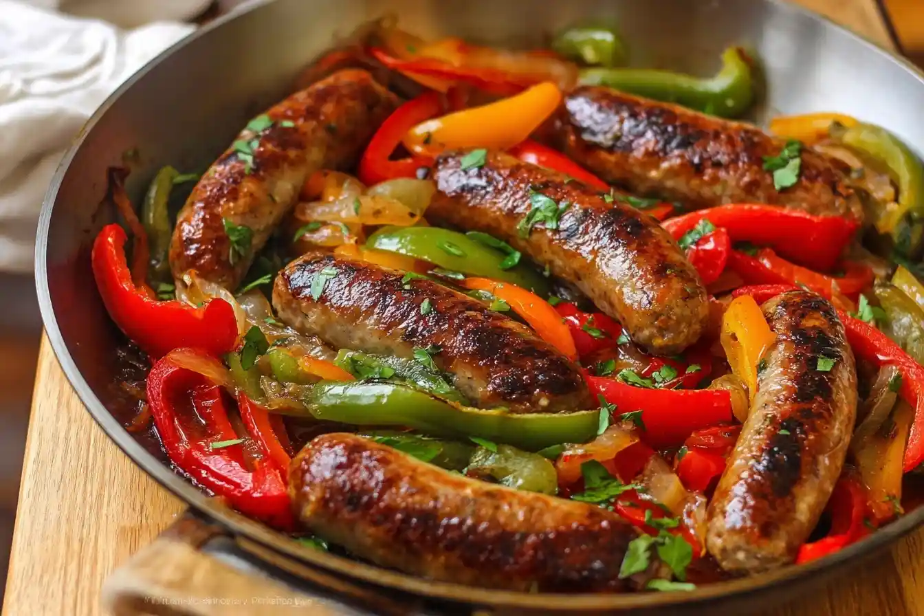 A close-up shot of a skillet filled with classic Sausage and Peppers, featuring browned sausages and colorful bell peppers.