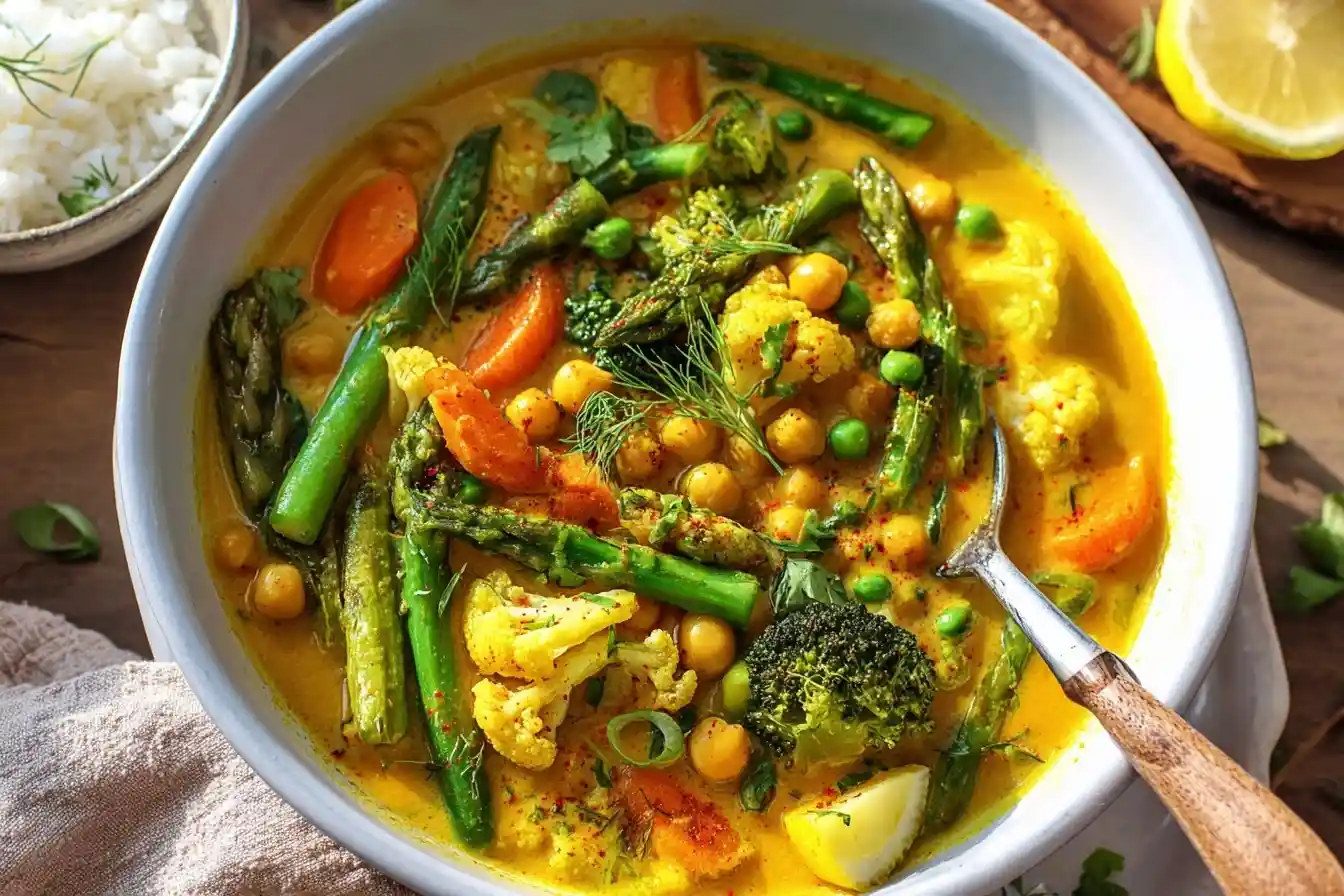 A vibrant bowl of creamy {{ $('Fetch Recipe Data').first().json["Main Keyword"] }} filled with asparagus, broccoli, carrots, and chickpeas.