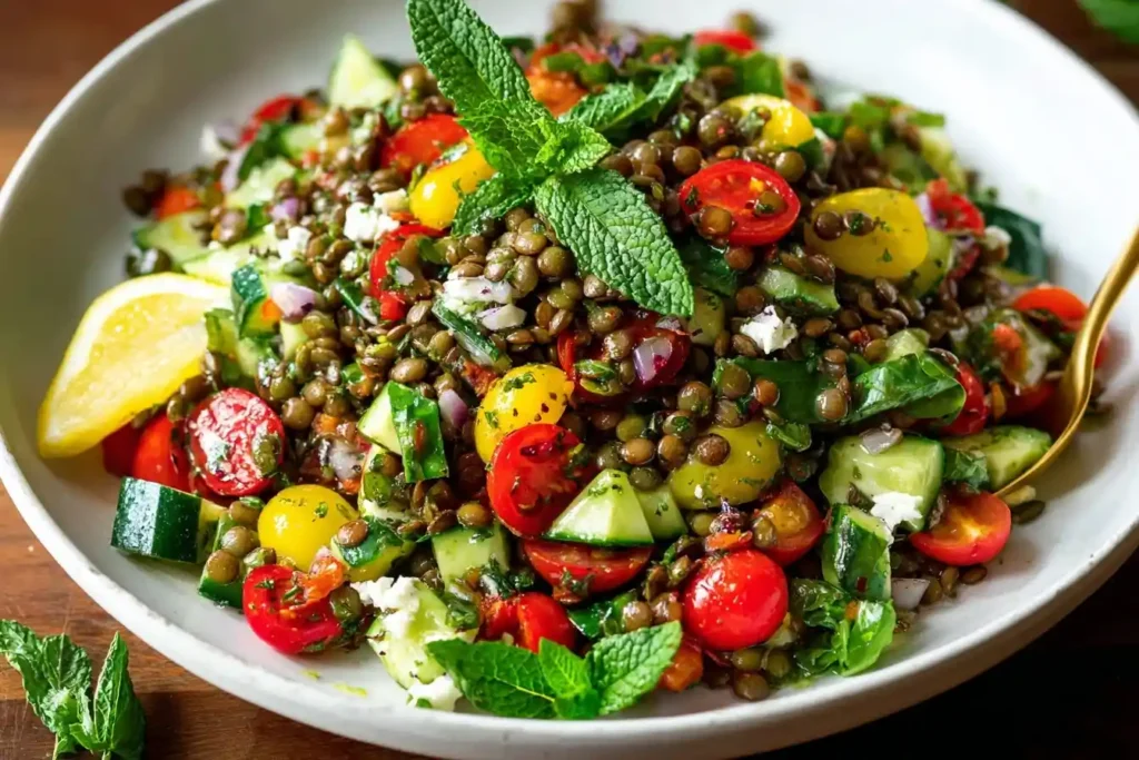 A close-up of a vibrant lentil salad with cherry tomatoes, cucumber, feta, and fresh mint in a shallow white bowl.