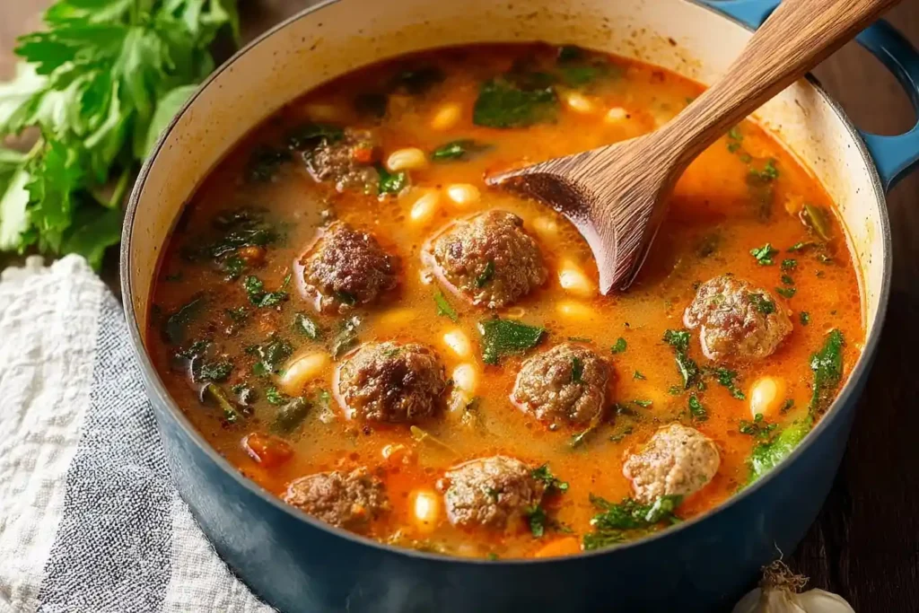 A blue Dutch oven filled with hearty {{ $('Fetch Recipe Data').first().json["Main Keyword"] }}, featuring mini meatballs, white beans, and a wooden spoon.