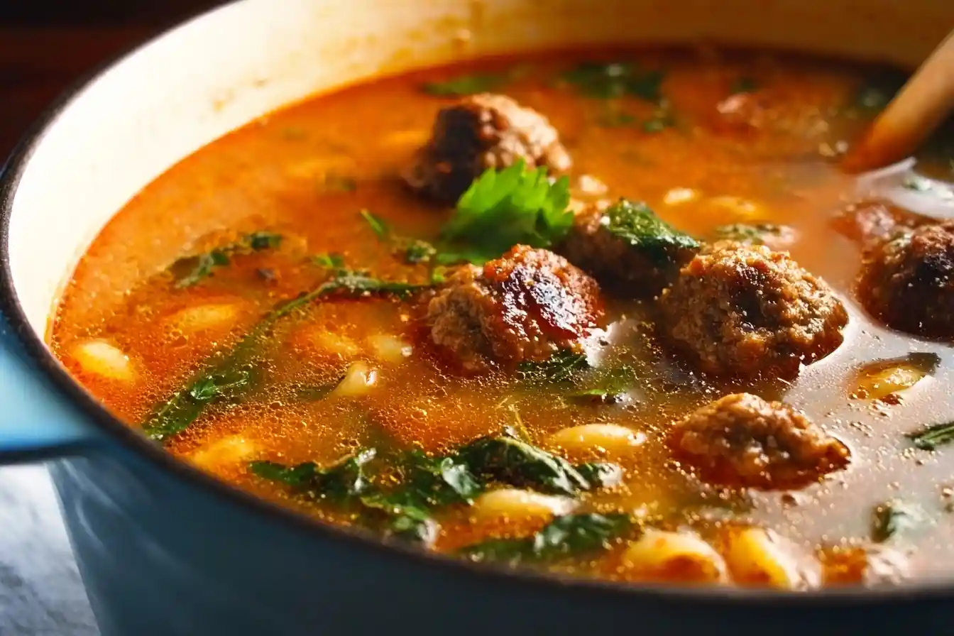 A close-up of a hearty meatball soup recipe simmering in a blue Dutch oven, filled with meatballs, greens, and beans.