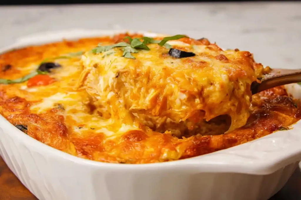 A close-up shot of a cheesy Keto Chicken Casserole being scooped from a white baking dish with a wooden spatula.