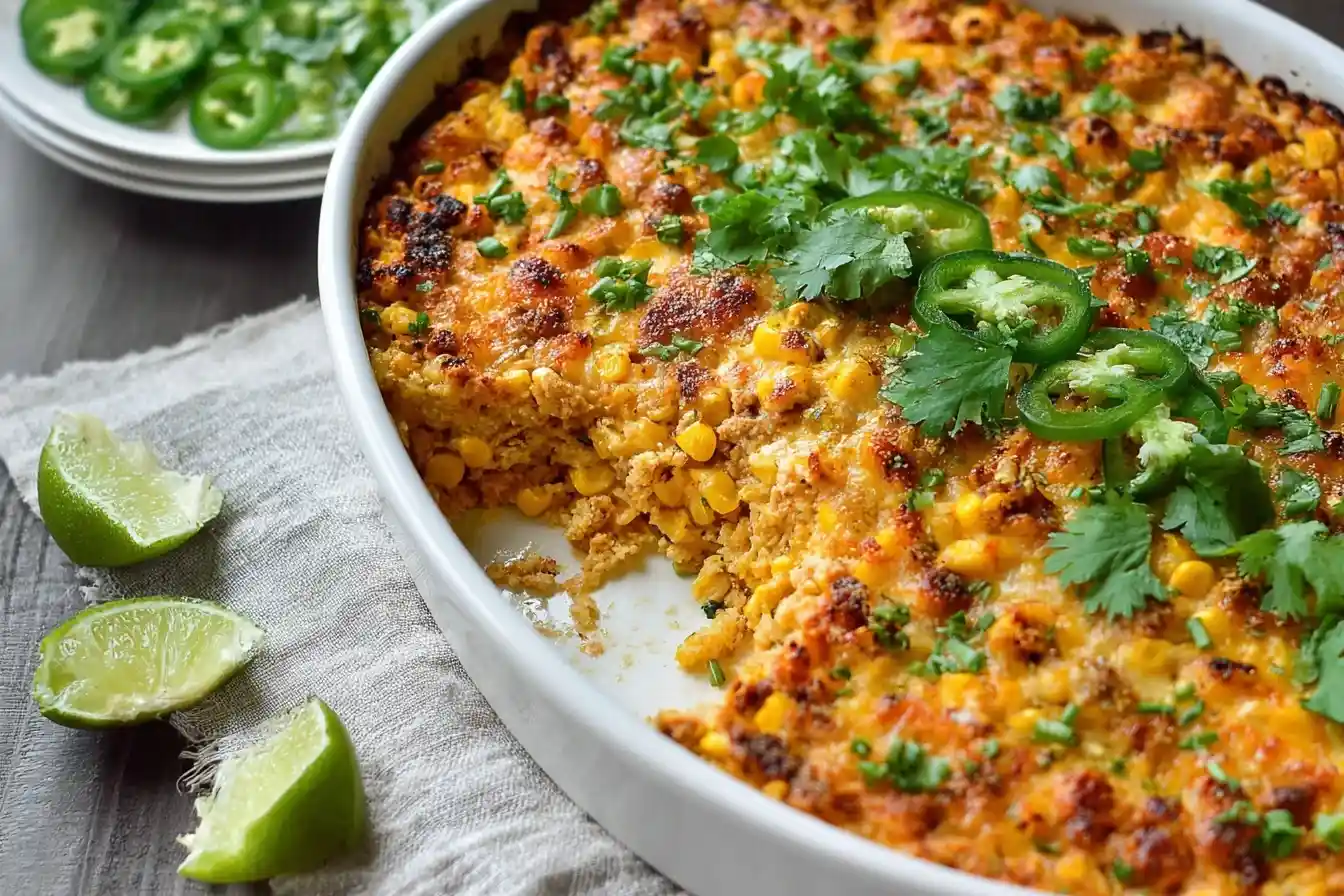 A golden-baked Mexican Corn Casserole in a white dish, garnished with cilantro, jalapeños, and served with fresh lime wedges.