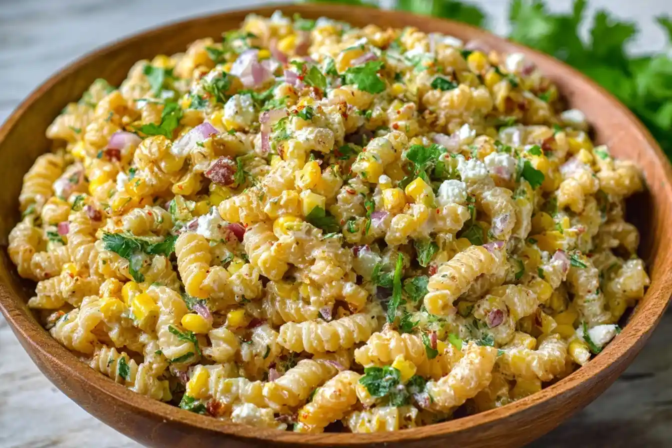 A close-up of a wooden bowl filled with creamy Mexican street corn pasta salad, topped with fresh cilantro and cotija cheese.
