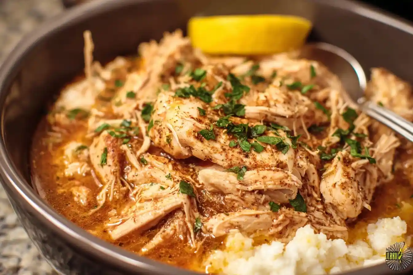 A close-up of a dark bowl filled with tender slow cooker Greek chicken served over creamy grits, garnished with parsley and a lemon wedge.