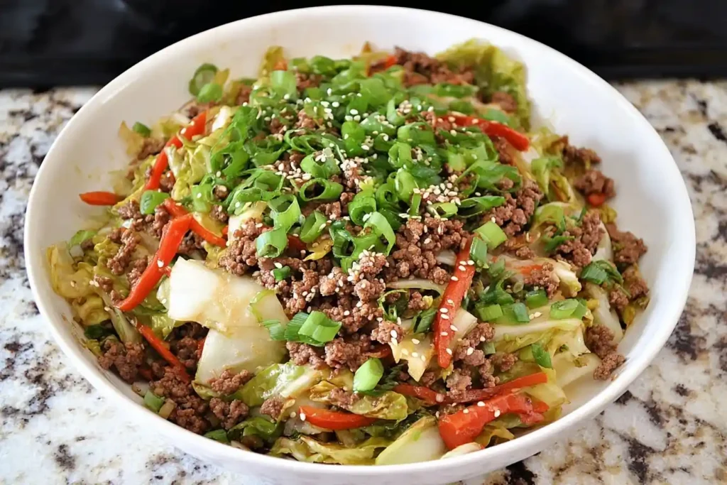 A white bowl filled with a fresh ground beef and cabbage stir fry, garnished with green onions and sesame seeds.