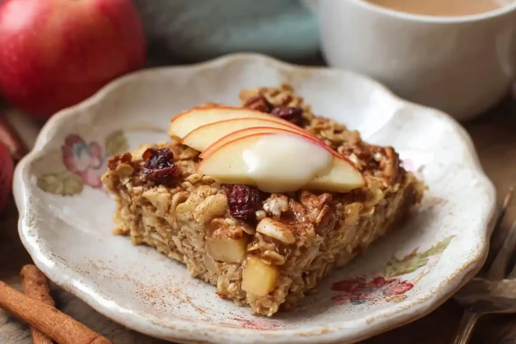 A square slice of Baked Apple Oatmeal on a decorative plate, topped with fresh apple slices, cranberries, and a dollop of yogurt.