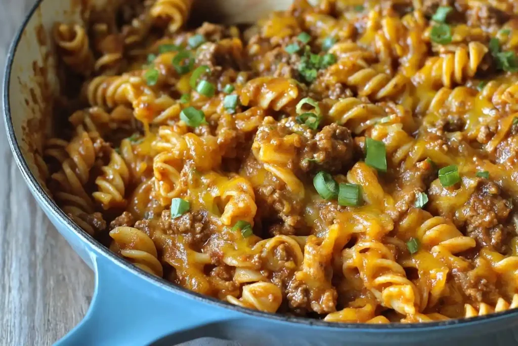 A close-up of a hearty Cheeseburger Casserole with rotini pasta, ground beef, and melted cheese in a blue skillet.