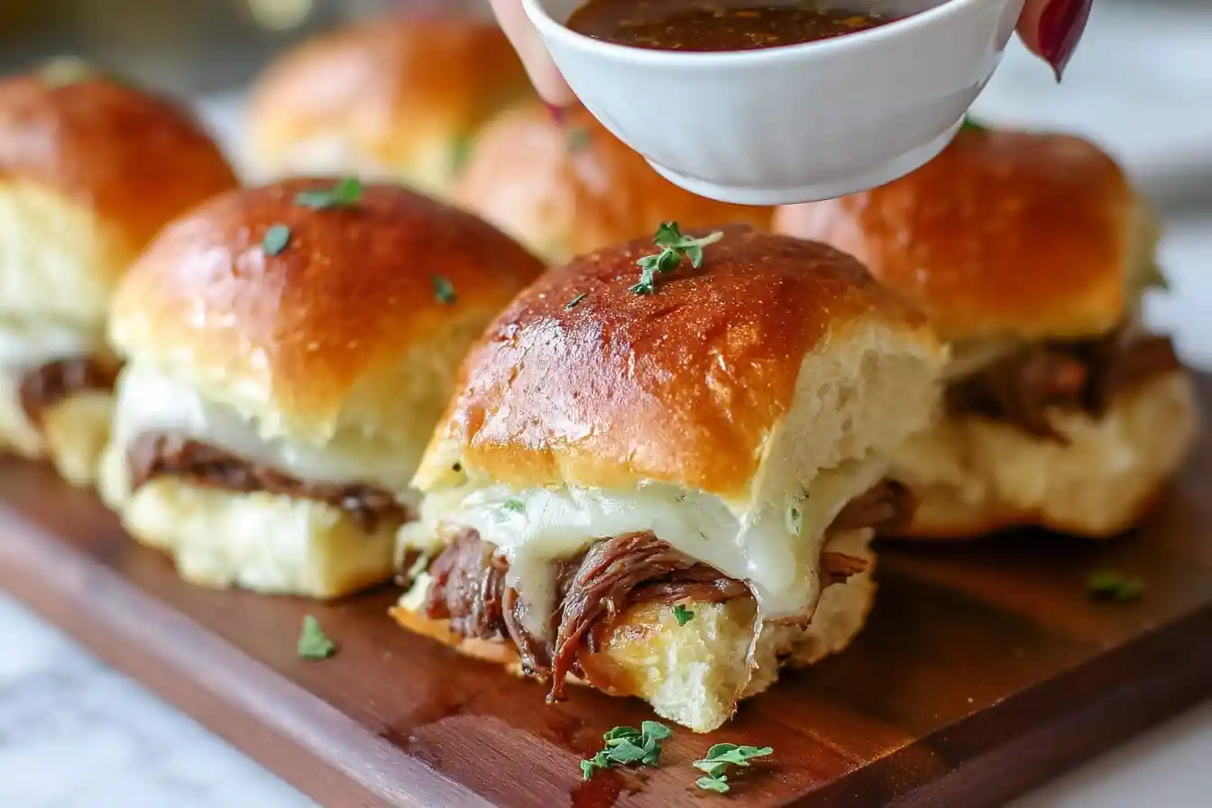 A platter of cheesy French Dip Sliders on a wooden board, with a small bowl of au jus for dipping.