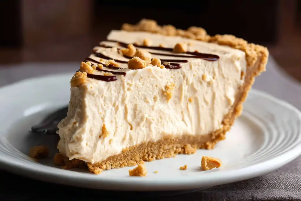 A close-up shot of a creamy slice of Peanut Butter Pie on a white plate, garnished with chocolate drizzle and chopped peanuts.