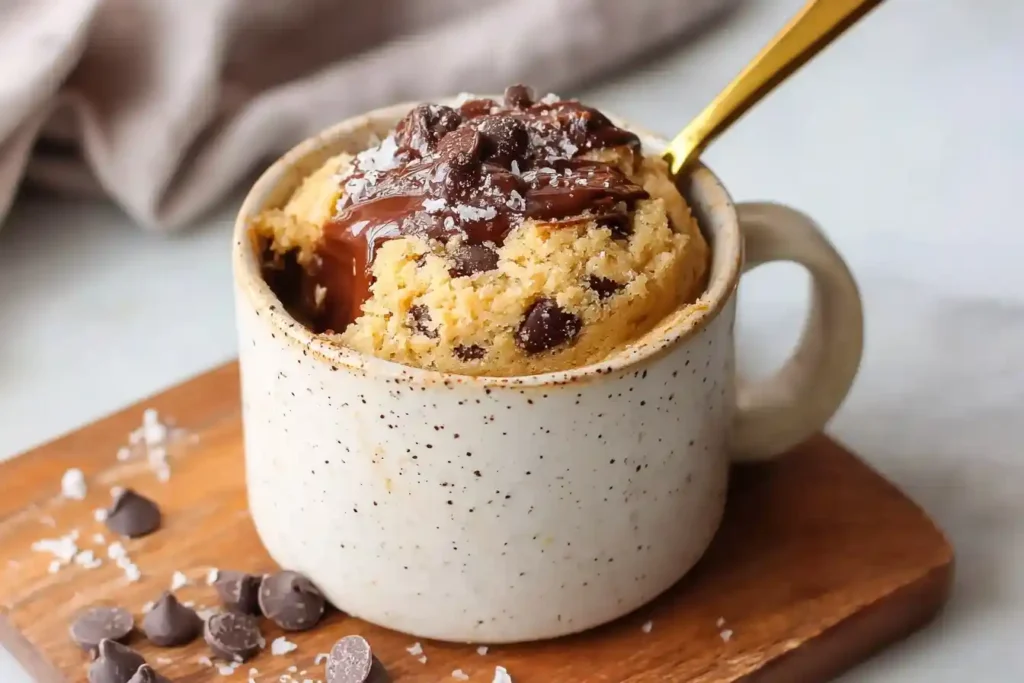 A warm chocolate chip mug cake in a speckled ceramic mug, topped with melted chocolate, sea salt, and a gold spoon.