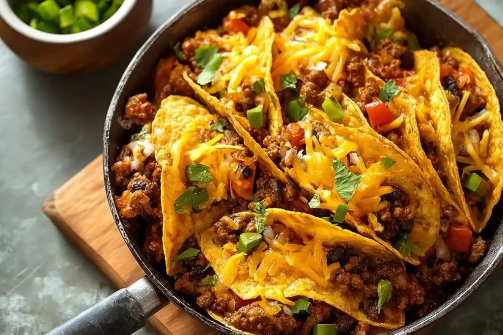 A close-up of cheesy ground beef skillet tacos topped with fresh cilantro and green onions in a cast iron pan.