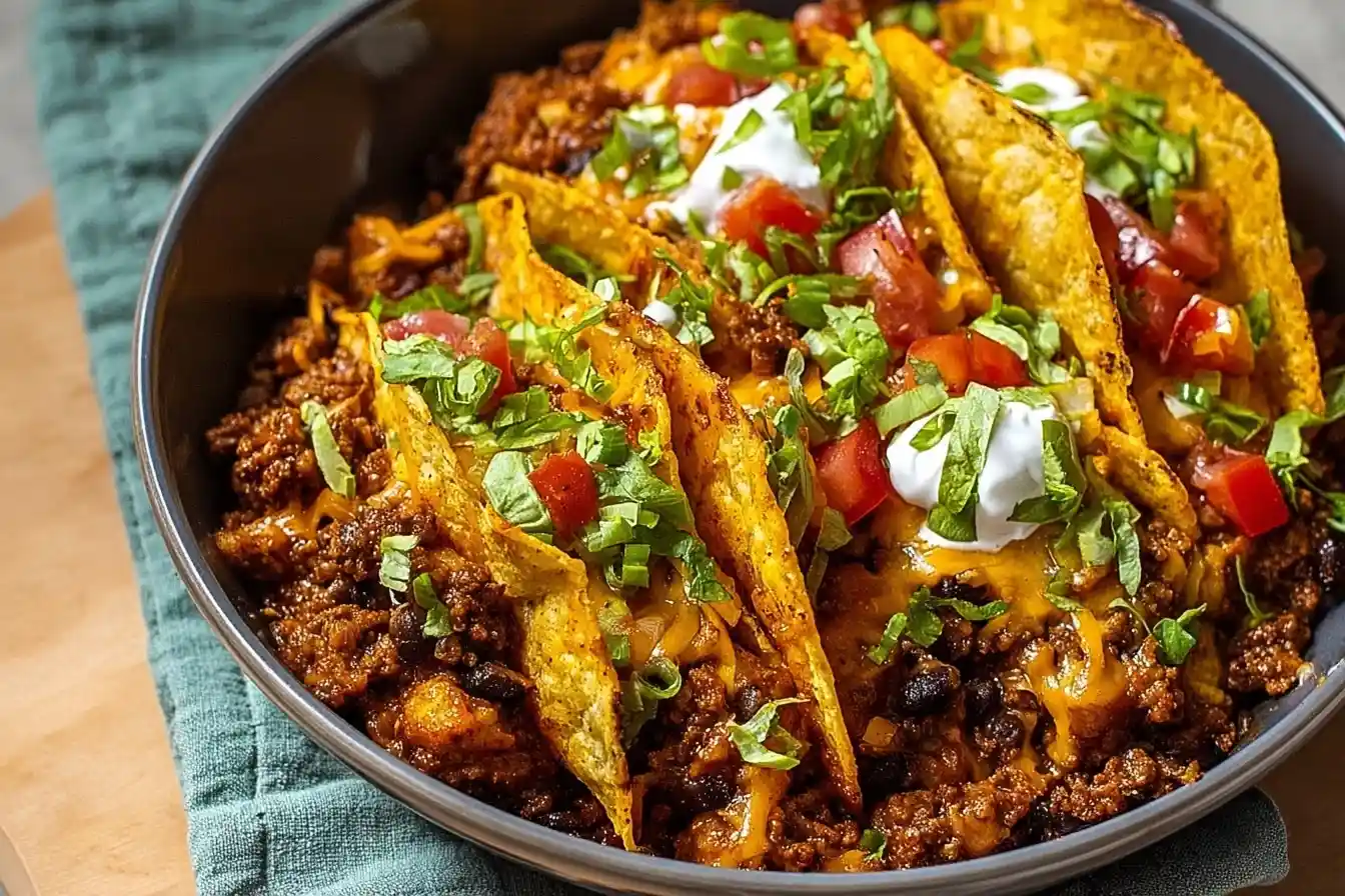 A close-up of a hearty Taco Casserole in a dark bowl, with taco shells, seasoned beef, melted cheese, and fresh toppings.