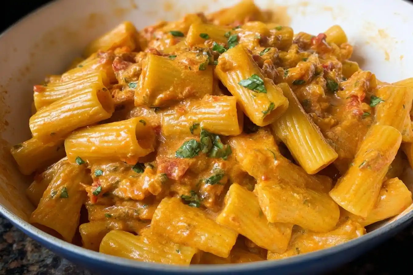 A close-up shot of a white bowl filled with Creamy Tomato Rigatoni, coated in a rich sauce and garnished with fresh basil.