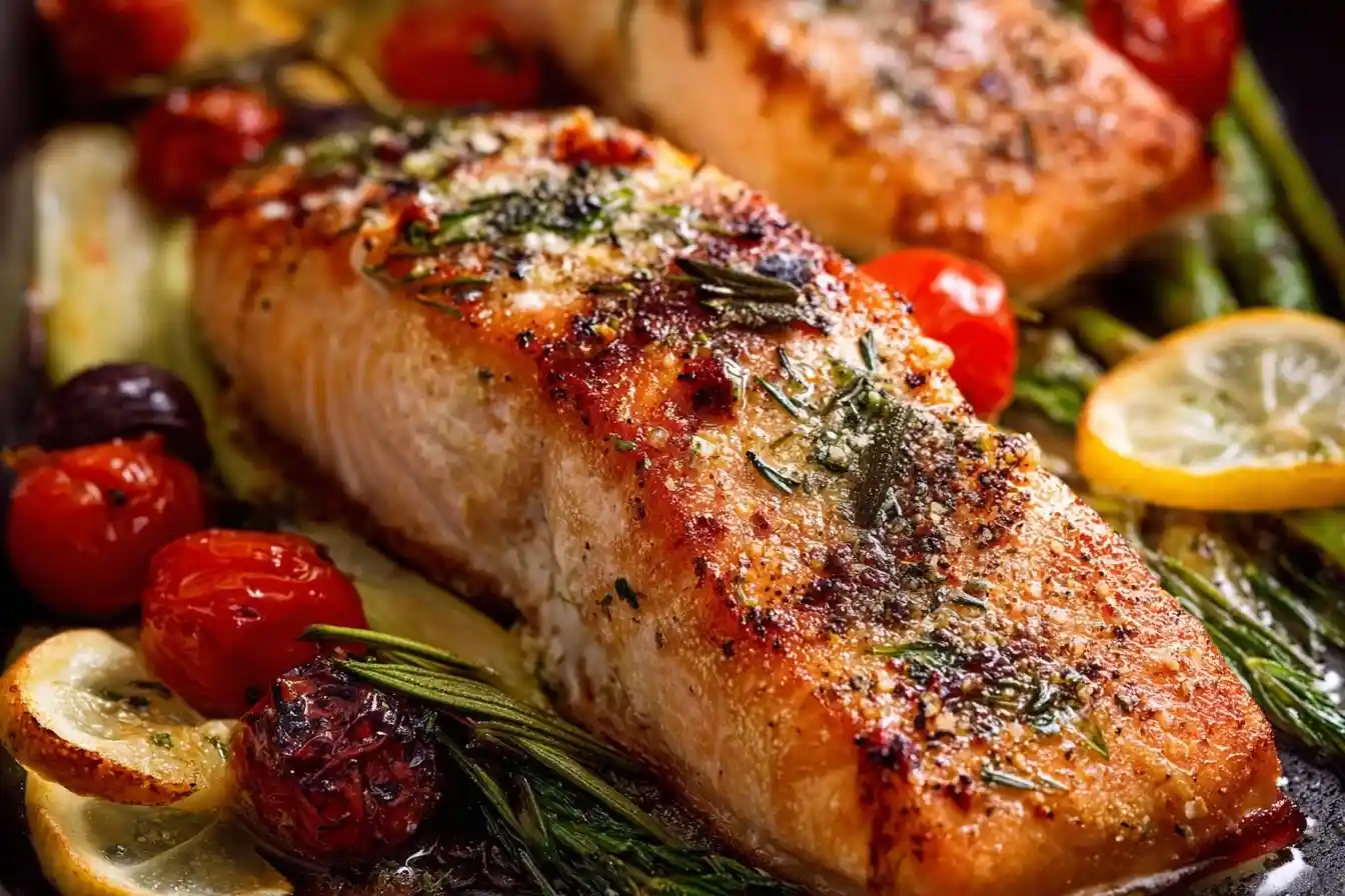 A close-up of a perfectly cooked baked salmon recipe, seasoned with herbs and served with roasted tomatoes and asparagus.