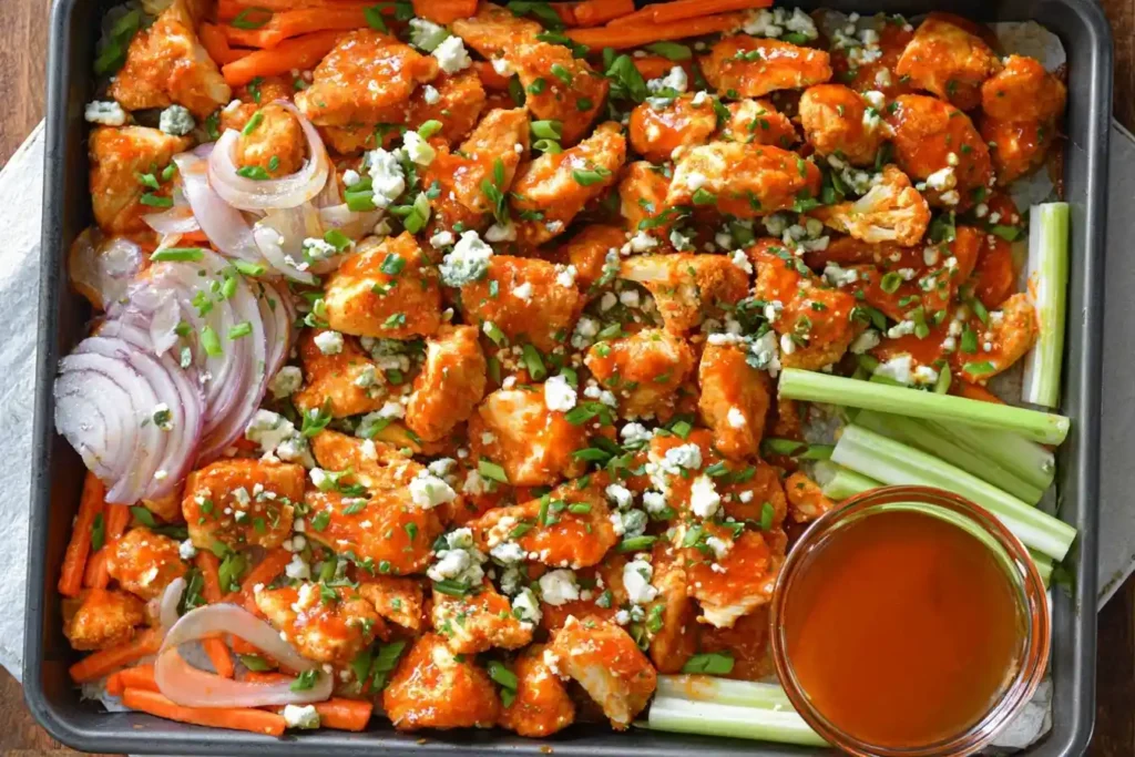 An overhead shot of a Sheet Pan Buffalo Chicken dinner with cauliflower, carrots, celery, red onion, and blue cheese crumbles.