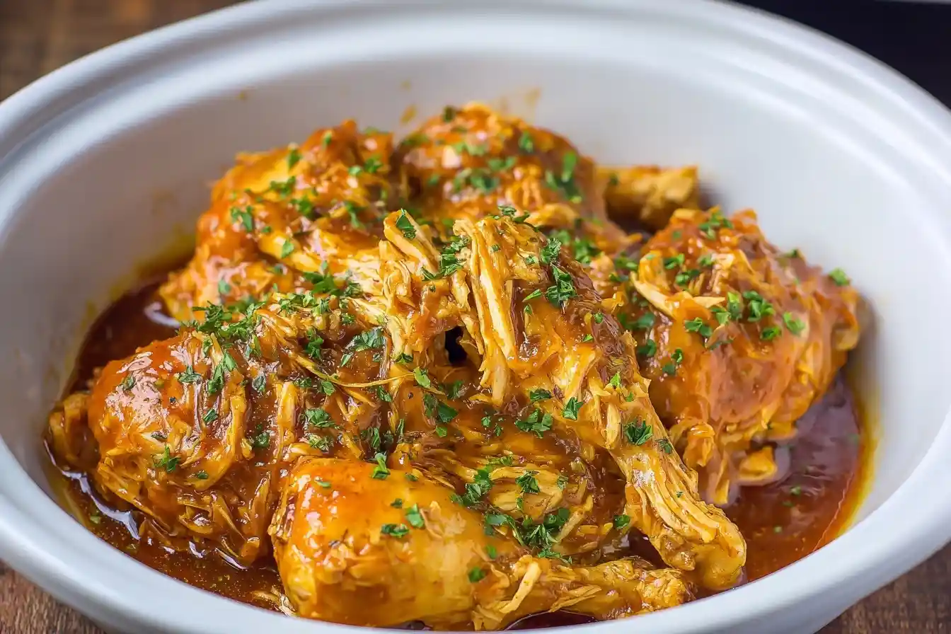 A white serving bowl filled with tender, saucy crockpot chicken, garnished with freshly chopped parsley.