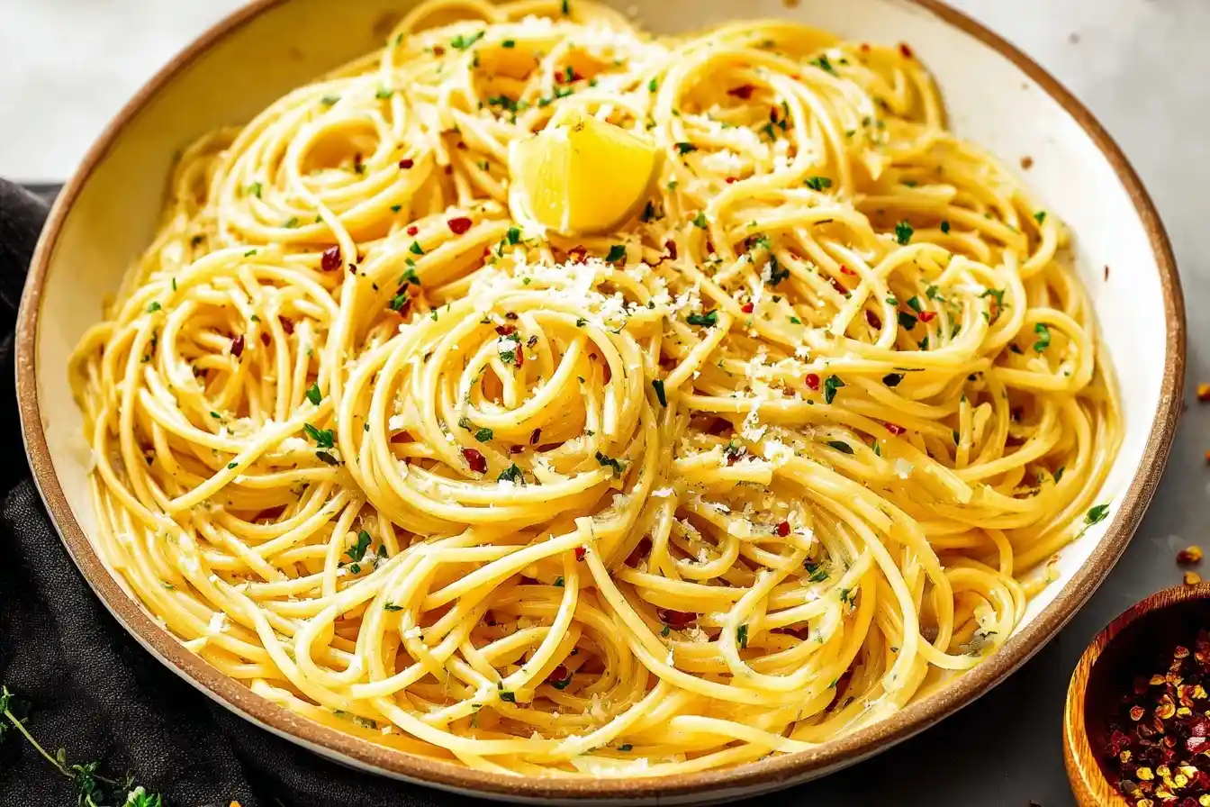 A large bowl of delicious Lemon Pasta, garnished with grated parmesan cheese, fresh parsley, red pepper flakes, and a lemon wedge.