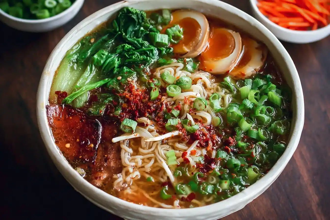 A close-up of a delicious bowl of spicy ramen with noodles, bok choy, a sliced soft-boiled egg, and green onions.