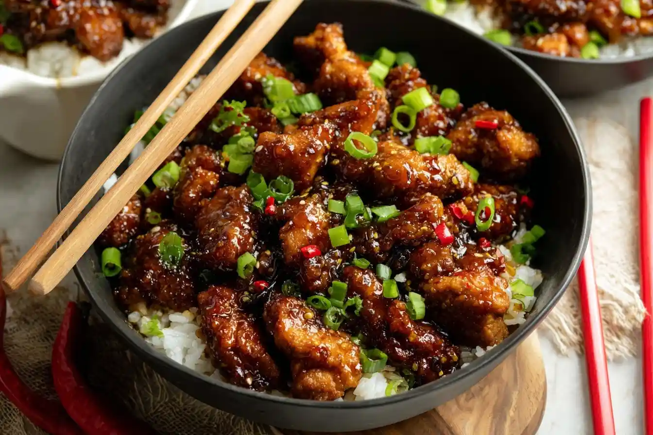 A close-up of a black bowl of General Tso's Chicken over white rice, garnished with green onions and served with chopsticks.