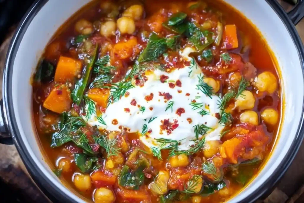 A hearty bowl of {{ $('Fetch Recipe Data').first().json["Main Keyword"] }} with vegetables, topped with a dollop of yogurt, fresh dill, and chili flakes.