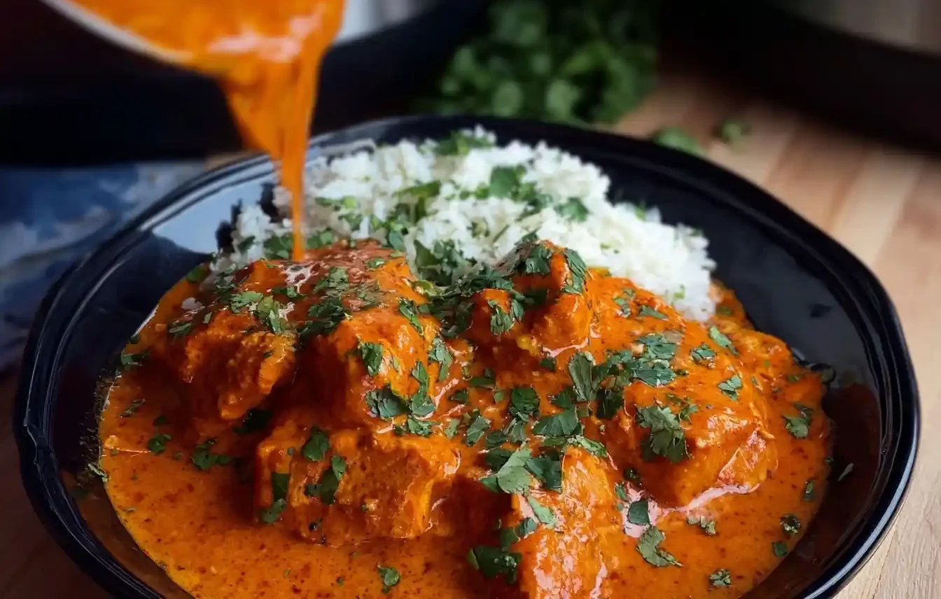 A delicious bowl of creamy butter chicken and rice, with extra rich, orange sauce being poured over the top.