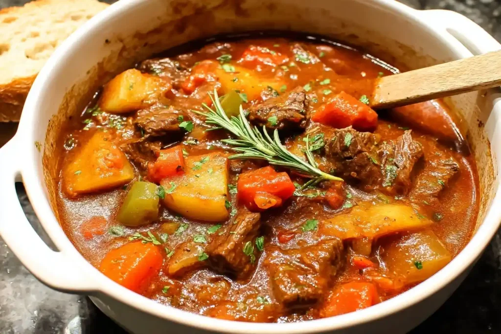 A close-up of a hearty bowl of beef stew from a classic beef stew recipe, with tender meat, potatoes, and carrots.