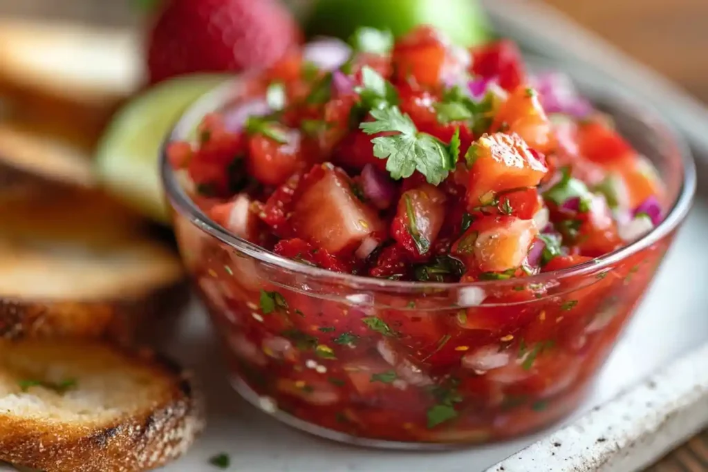 A clear glass bowl of fresh strawberry salsa topped with cilantro, with toasted bread and a lime in the background.