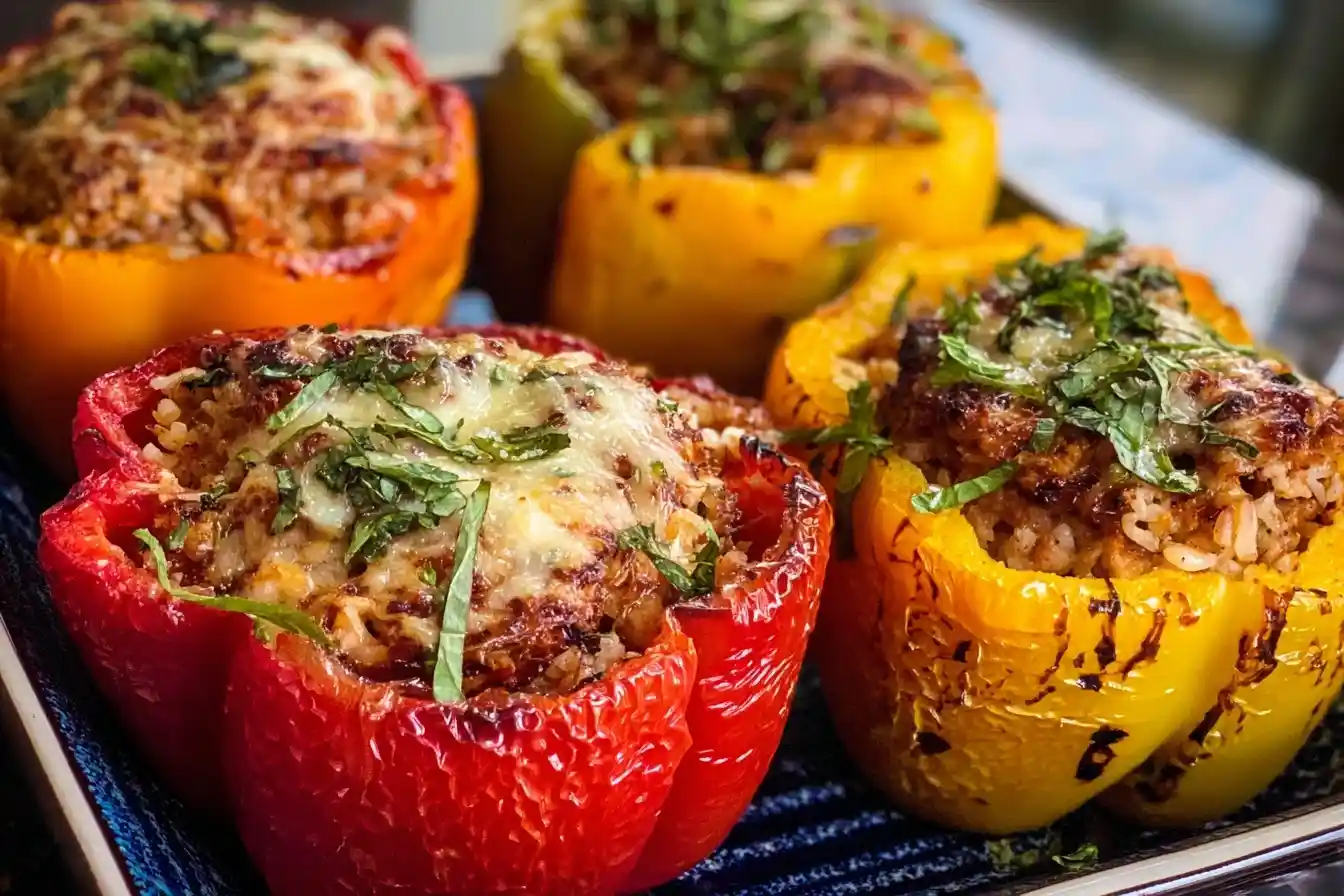 A close-up of colorful stuffed peppers, baked with a savory rice filling, melted cheese, and fresh herbs on a blue platter.