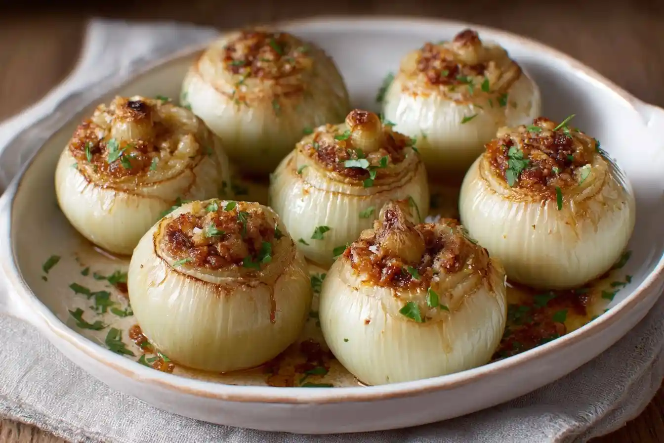 A white serving dish filled with six tender baked Stuffed Onions, topped with a savory filling and garnished with fresh parsley.