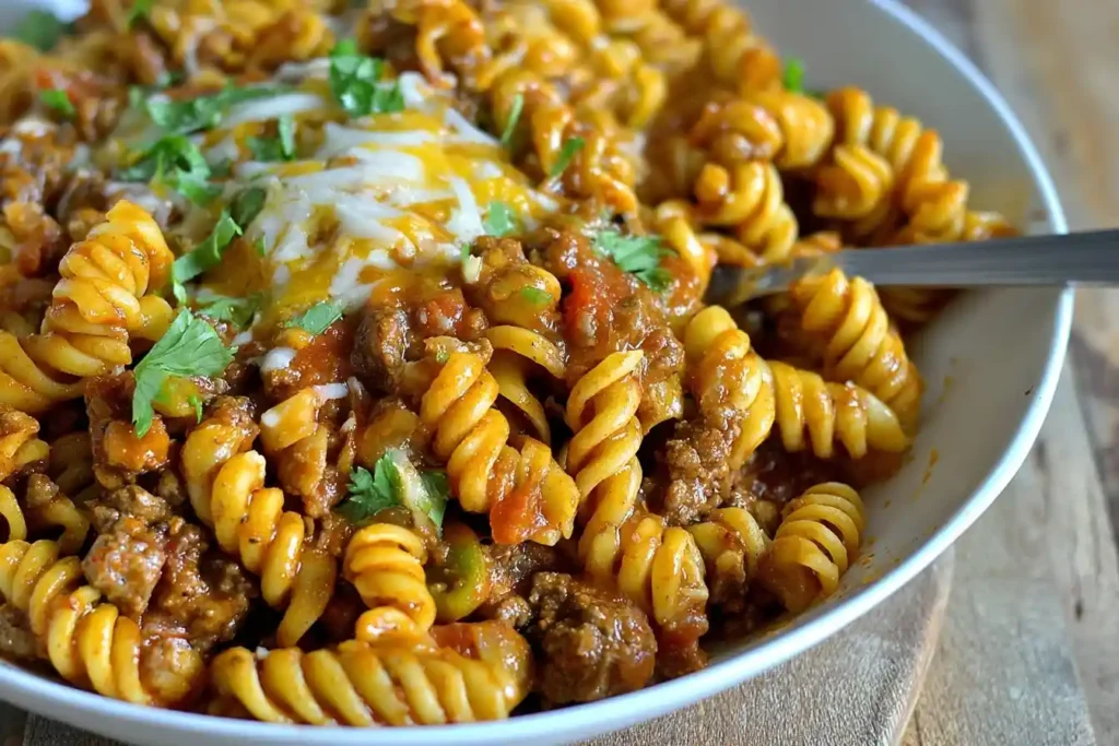 A close-up of a white bowl filled with cheesy {{ $('Fetch Recipe Data').first().json["Main Keyword"] }} made with ground beef and fusilli pasta, garnished with cilantro.