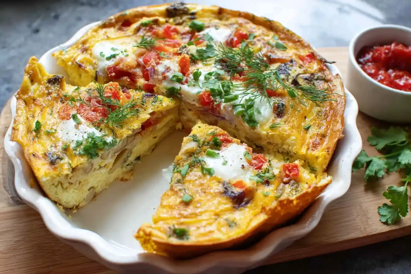 A sliced breakfast frittata in a white pie dish, topped with fresh dill, tomatoes, and cheese, ready to be served.