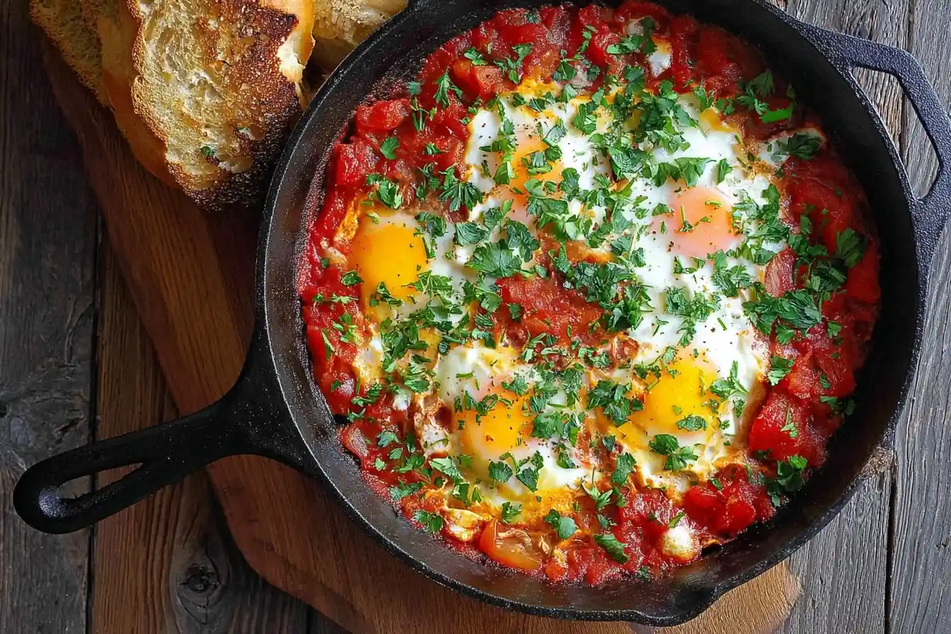 A delicious shakshuka in a cast-iron skillet, with eggs poached in a rich tomato sauce and garnished with fresh parsley.