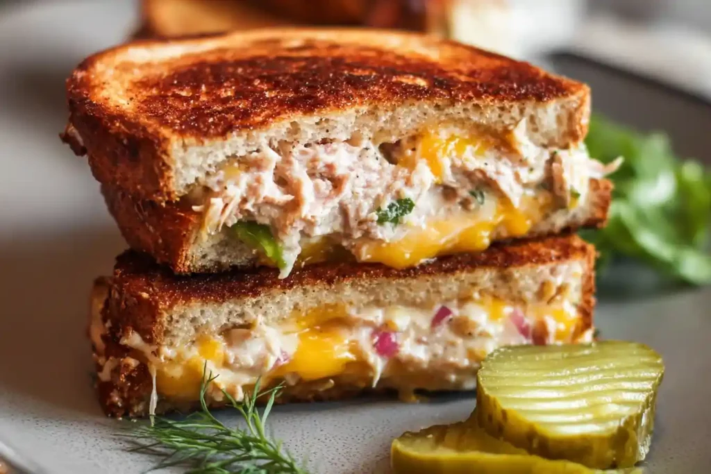 A perfectly grilled tuna melt sandwich cut in half and stacked, showing the gooey melted cheese and tuna salad filling.