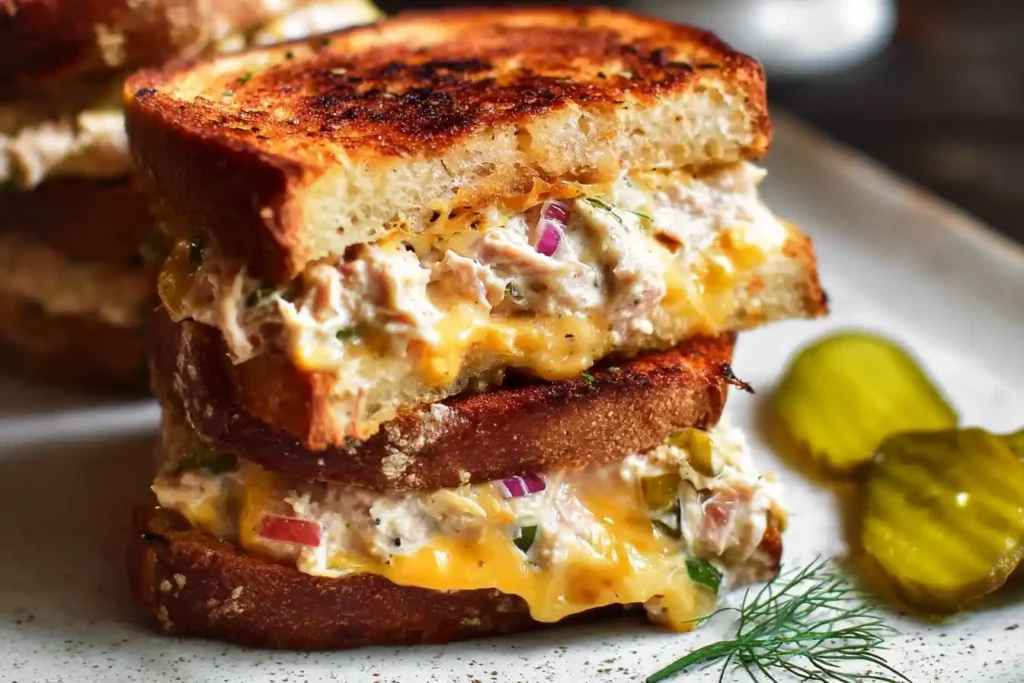 A perfectly grilled tuna melt sandwich, cut and stacked, with gooey melted cheese and a side of pickles.