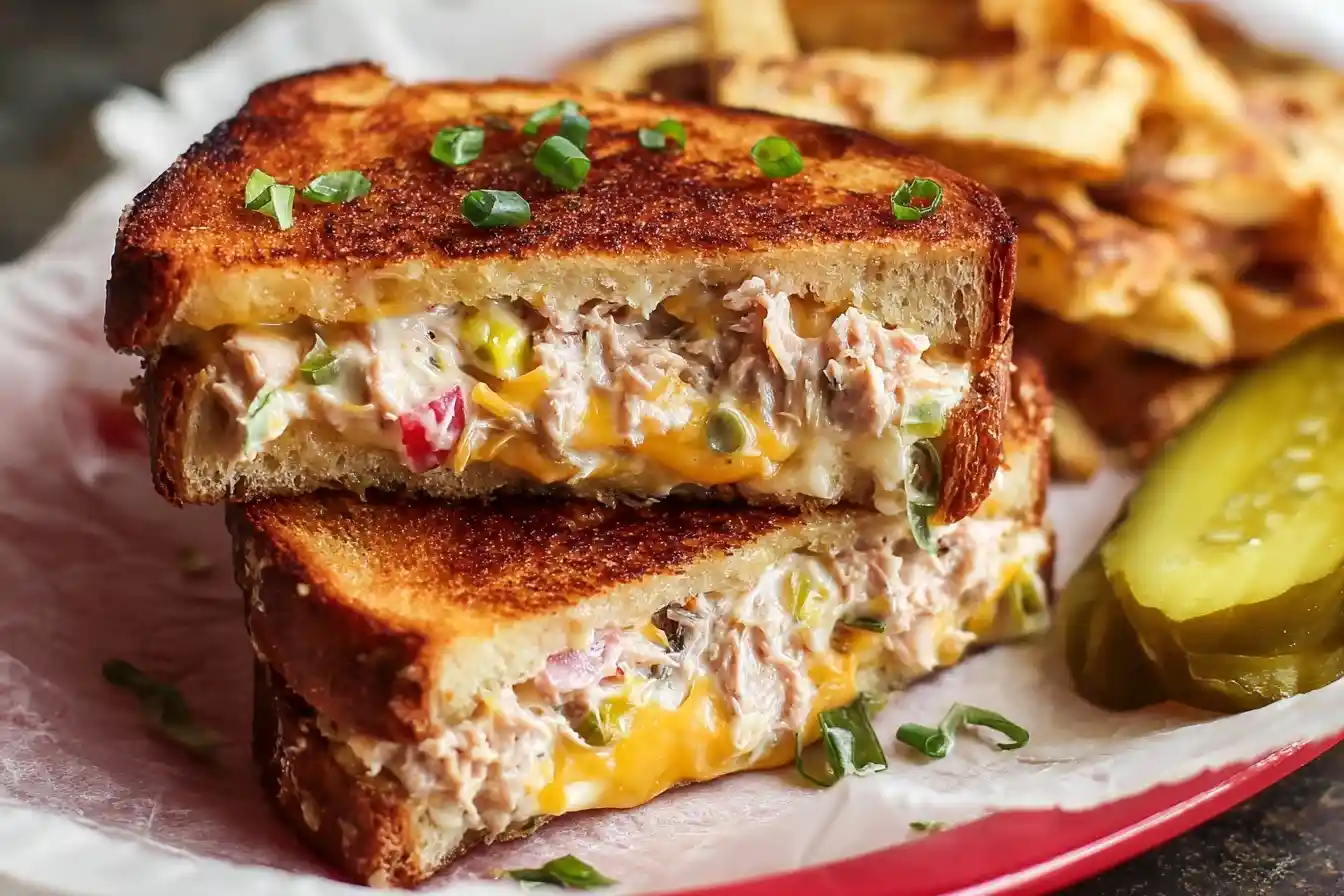 A perfectly grilled Tuna Melt sandwich cut in half, showing the cheesy tuna salad filling, served with fries and a pickle.