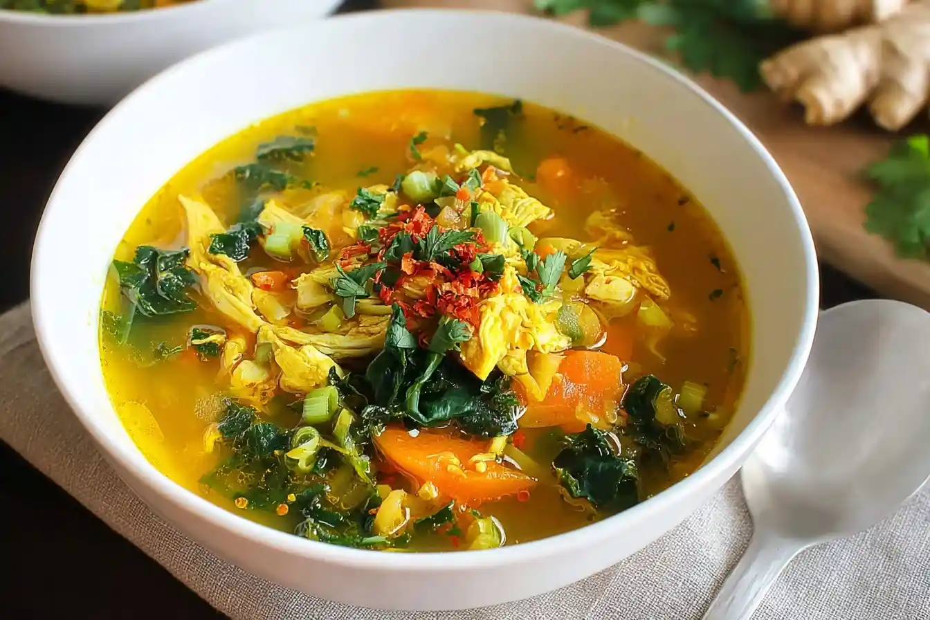 A close-up of a white bowl filled with vibrant chicken kale soup, featuring shredded chicken, carrots, and fresh herbs.