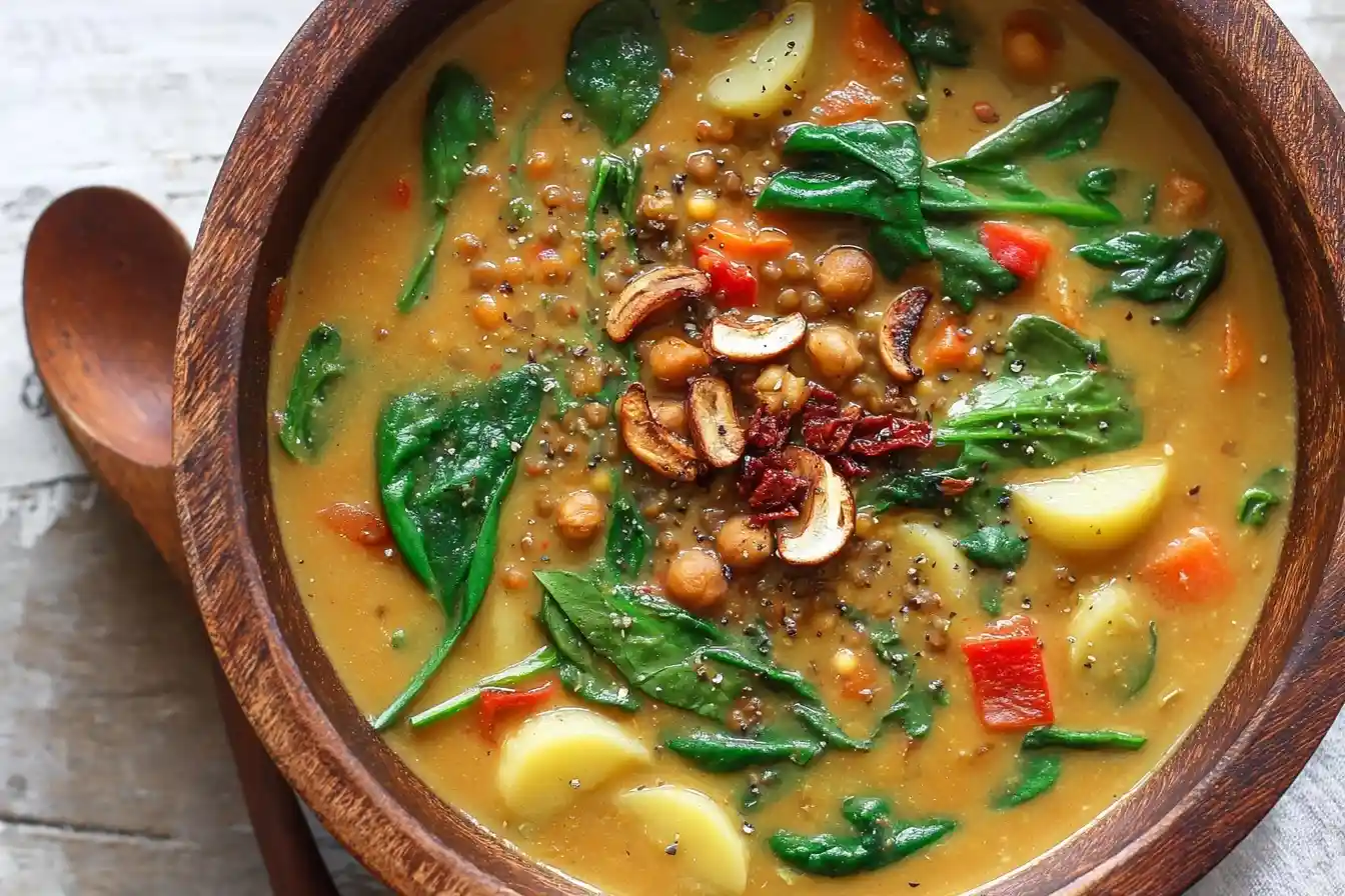 A close-up shot of a hearty lentil soup in a rustic wooden bowl, filled with spinach, potatoes, and chickpeas.