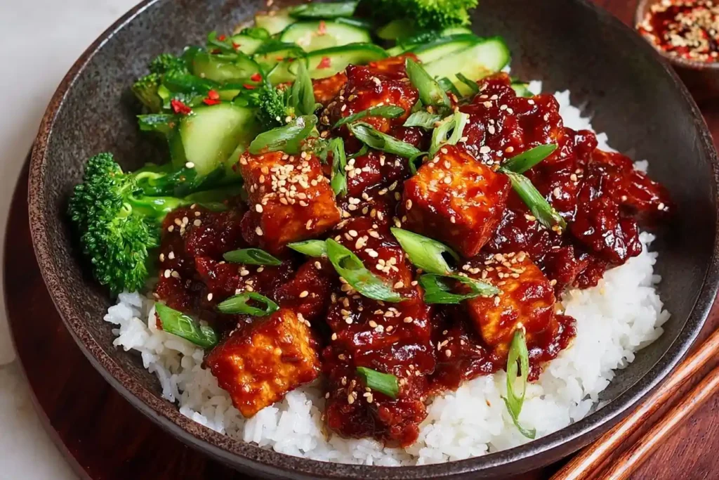 A close-up of a delicious bowl of gochujang tofu served over white rice with broccoli and sliced cucumbers.