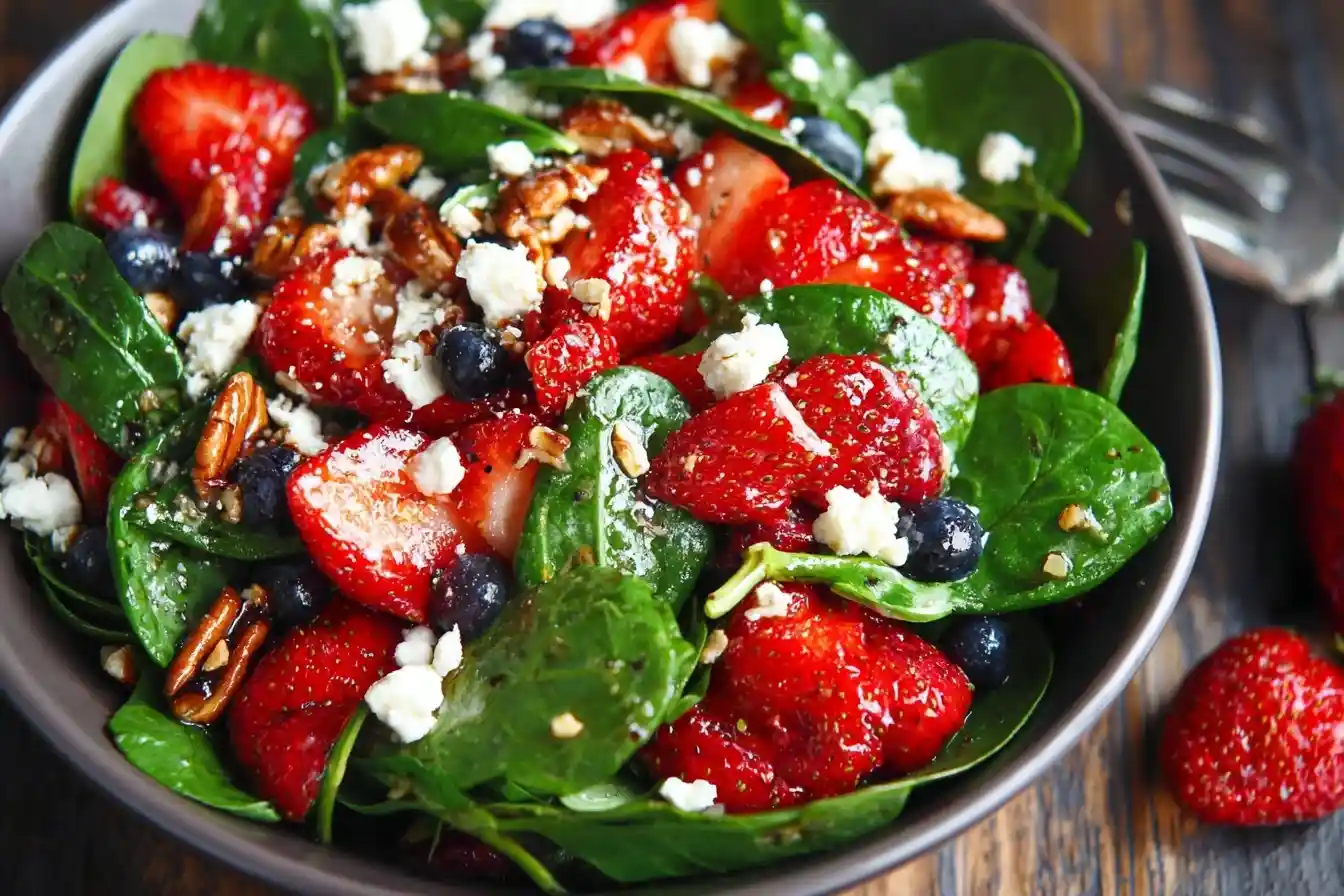 A close-up shot of a vibrant strawberry spinach salad topped with blueberries, feta cheese, and pecans in a bowl.