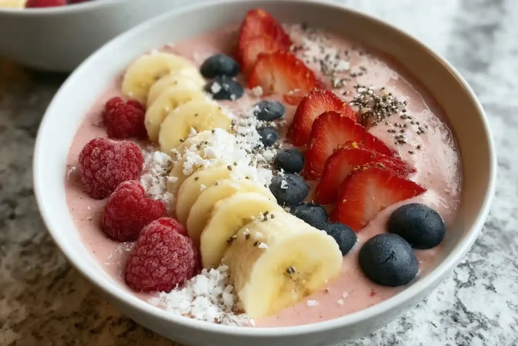 A vibrant pink smoothie bowl recipe topped with sliced bananas, berries, shredded coconut, and chia seeds in a white bowl.